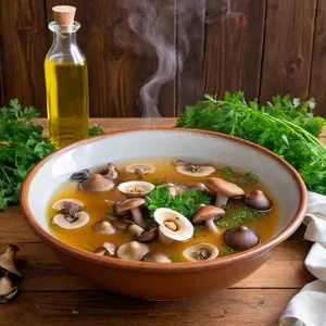 Грибной бульон с лесными грибами и чесночным маслом