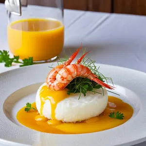 Яичные бризы с копченым лангустином и манговым кули