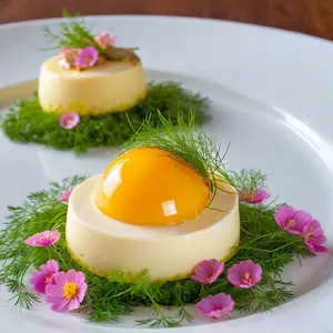 Яичные медальоны с крабовым муссом и укропным гелем