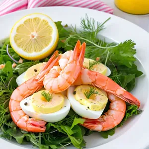 Яичный салат с креветками и лимонным соусом