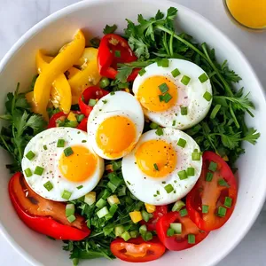 Яичный салат с печеными перцами и зеленым луком