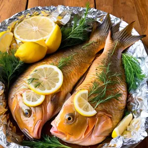 Карась, запечённый с лимоном и укропом в фольге