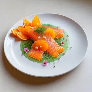 Карпаччо из форели с мандариновым гелем и укропом