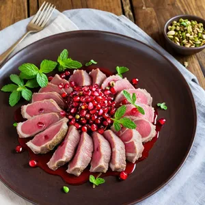 Карпаччо из ягненка с гранатовым соусом и фисташками