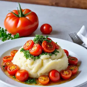 Картофельное пюре с жареными томатами черри и чесноком