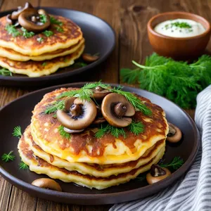 Картофельные драники с грибами и сыром