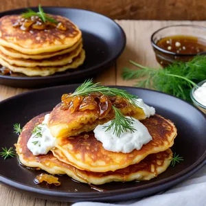 Картофельные драники с карамелизированным луком и козьим сыром
