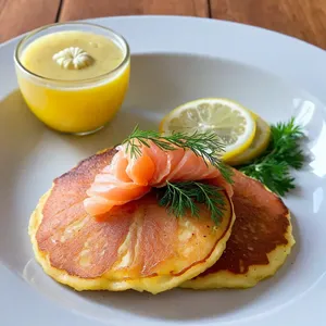 Картофельные драники с копченой семгой и соусом тартар