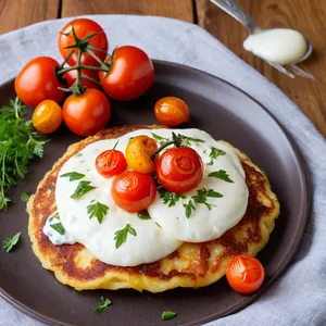Картофельные драники с печеными томатами и моцареллой