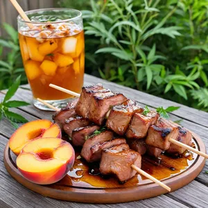 Кебаб из свинины с имбирно-медовым маринадом и персиками