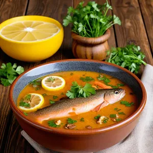 Харчо с форелью и лимонным соусом
