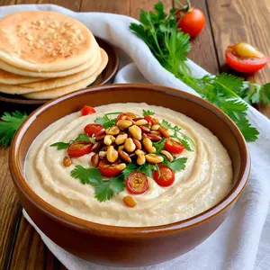 Хумус с карамелизированным луком и кедровыми орешками
