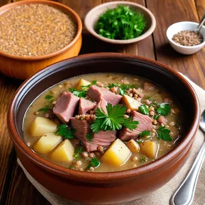 Кулеш с копченой свининой и гречкой