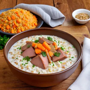 Кулеш с копченой уткой и ячневой крупой