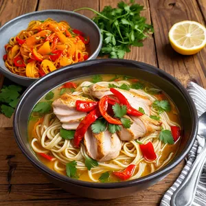 Куриный суп-лапша с печеным перцем и кинзой