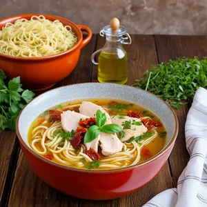 Куриный суп-лапша с вялеными томатами и орегано