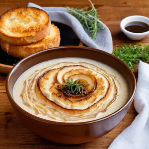 Луковый суп с бальзамическим кремом и гренками