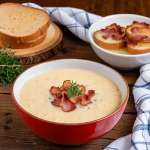 Луковый суп с яблочным пюре и жареным беконом