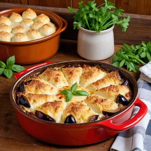 Мясная запеканка с баклажанами и камамбером