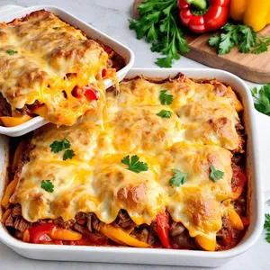 Мясная запеканка с болгарским перцем и сулугуни