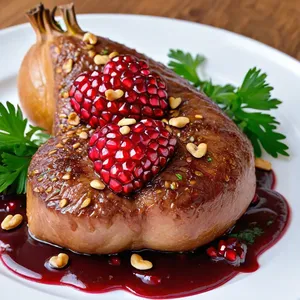 Мясные сердечки с гранатовым соусом и кедровыми орешками