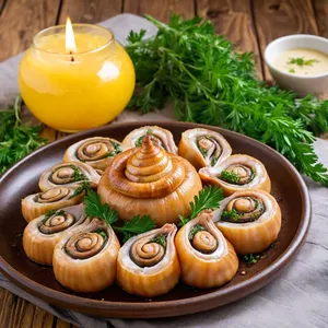 Мясные улитки с чесночным кремом и зеленью