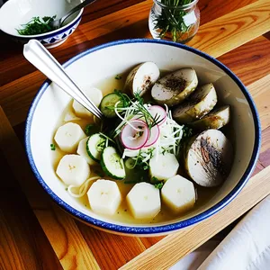 Окрошка на айране с копчёным угрём и грушей