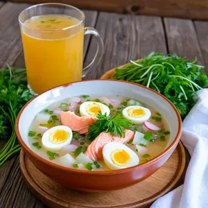 Окрошка на квасе с копчёной форелью