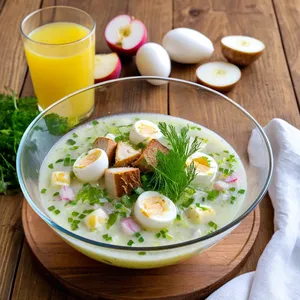 Окрошка на квасе с копчёным угрём и яблоком