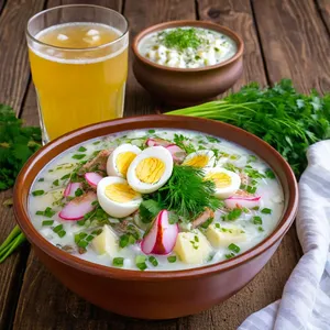 Окрошка на квасе с копчёным угрём