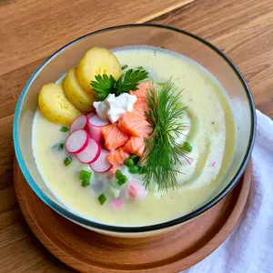 Окрошка на молочной сыворотке с лососем