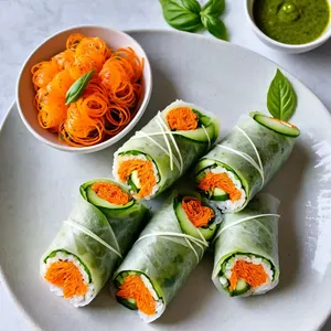 Овощные роллы с морковью и огурцом в соусе песто