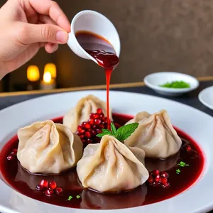 Пельмени с ягненком и тимьяном в гранатовом соусе