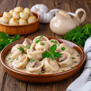 Пельмени с курицей и шампиньонами в сливочном соусе
