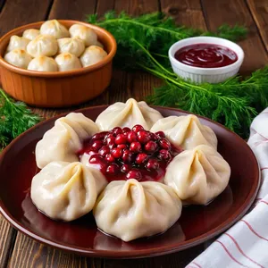 Пельмени с олениной и брусничным соусом