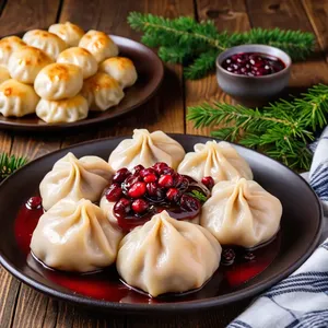 Пельмени с олениной и клюквой в можжевеловом соусе