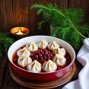 Пельмени с олениной и можжевельником в бруснично-сливочном соусе