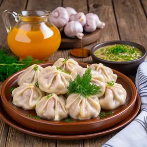 Пельмени с телятиной и грибами в сливочно-укропном соусе