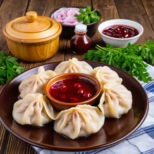 Пельмени с уткой и вишневым соусом