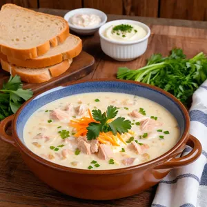 Потаж из копченой курицы с сельдереем и плавленым сыром