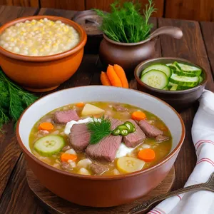 Рассольник с говядиной и солеными огурцами