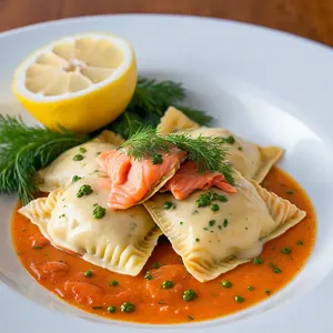 Равиоли с лососем и укропным соусом