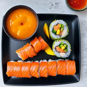 Роллы с лососем и манго в соусе шрирача