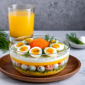 Салат "Мимоза" с копченым угрем и перепелиными яйцами