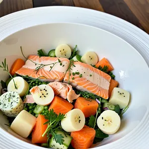 Салат "Оливье" с форелью и соусом из щавеля