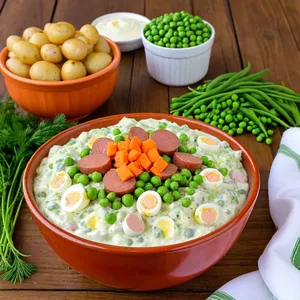 Салат "Оливье" с копченой колбасой и хреновым соусом