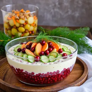 Салат "Оливье" с перепелкой и клюквенным соусом