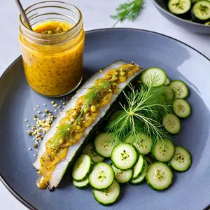 Сельдь с горчичным соусом и хрустящими огурцами