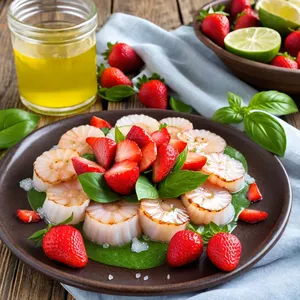 Севиче из морского гребешка с клубникой и базиликом