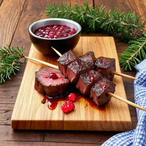 Шашлык из оленины с можжевельником и брусничным соусом